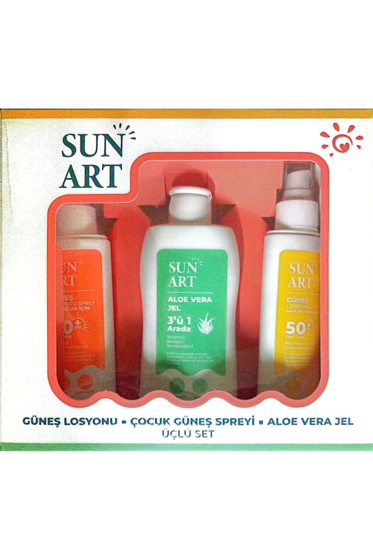 SunART Güneş Kremi SPF 50+ 100 ml + Çocuklar için Sprey SPF50+ 100 ml + Aloe Vera Jel 200ml Üçlü Set